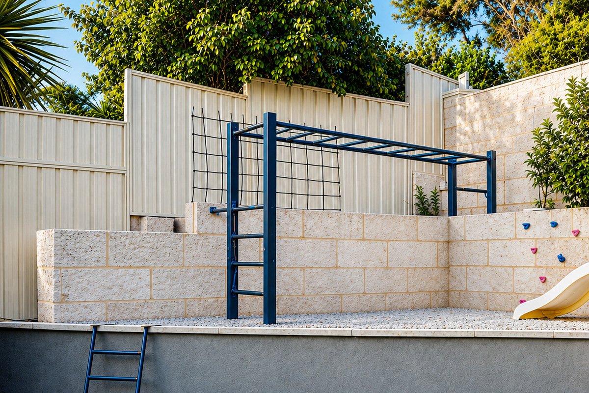 Backyard play space with an in-ground trampoline, climbing frame and slide, set behind the private pool area at Sant’s Beach Retreat.