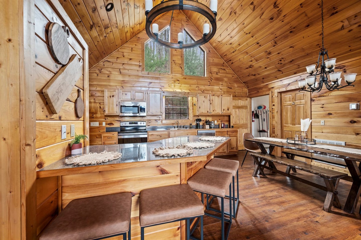 Open kitchen and eating area.