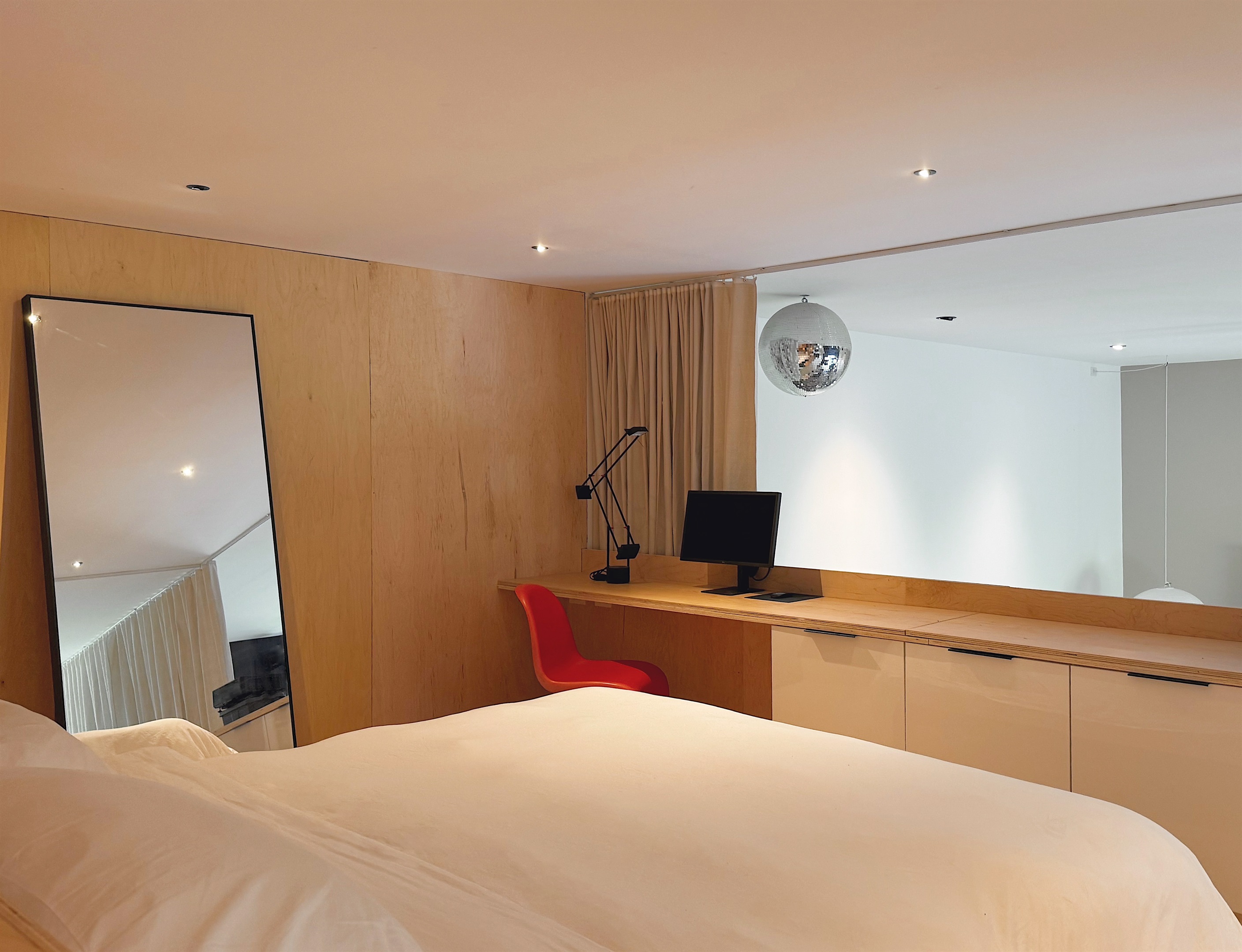 Desk with LG Ultrafine monitor in upstairs bedroom.