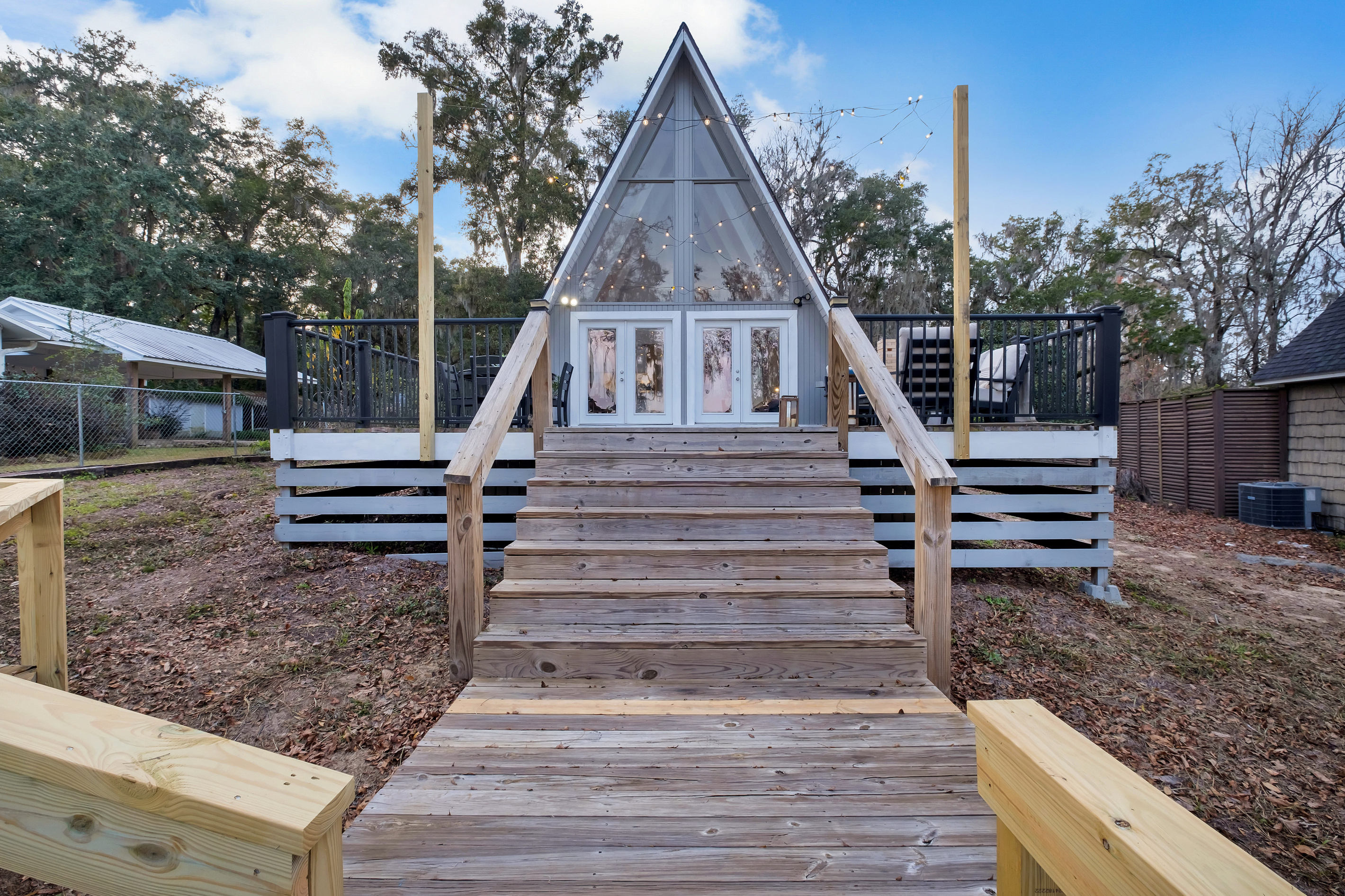 Stairs up from the lake to the deck