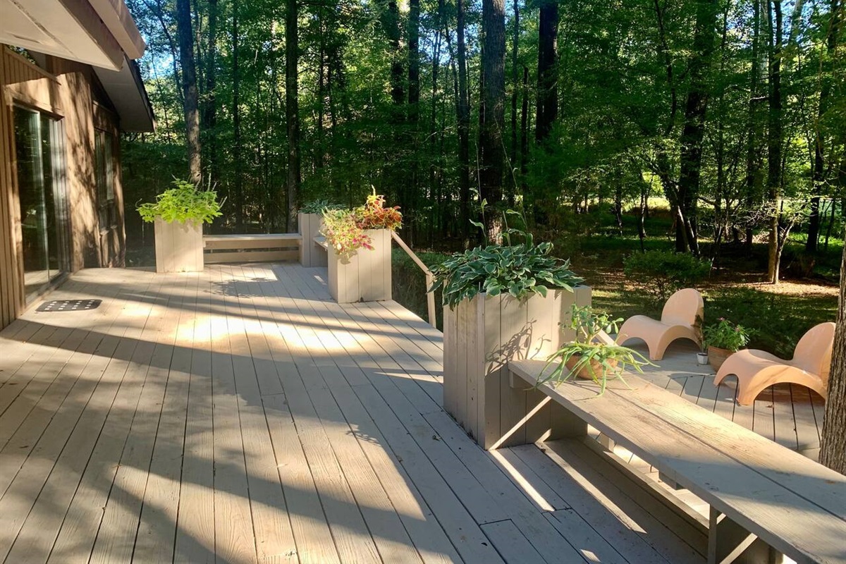 The back deck sits right in the trees &mdash; pull up a chair, pour something cold, and let the woods do the rest.