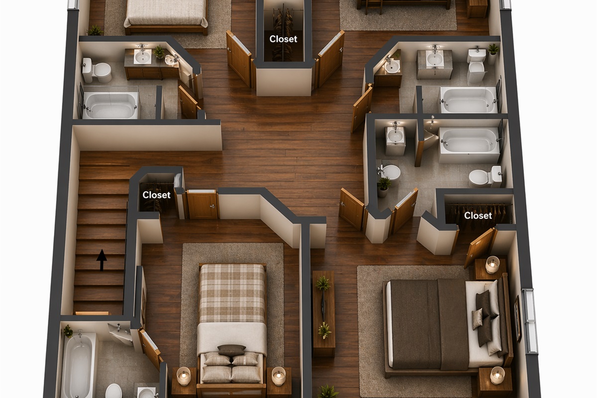 3D floorplan rendering of the upstairs. Furnishings and furniture placement are not an exact depiction.