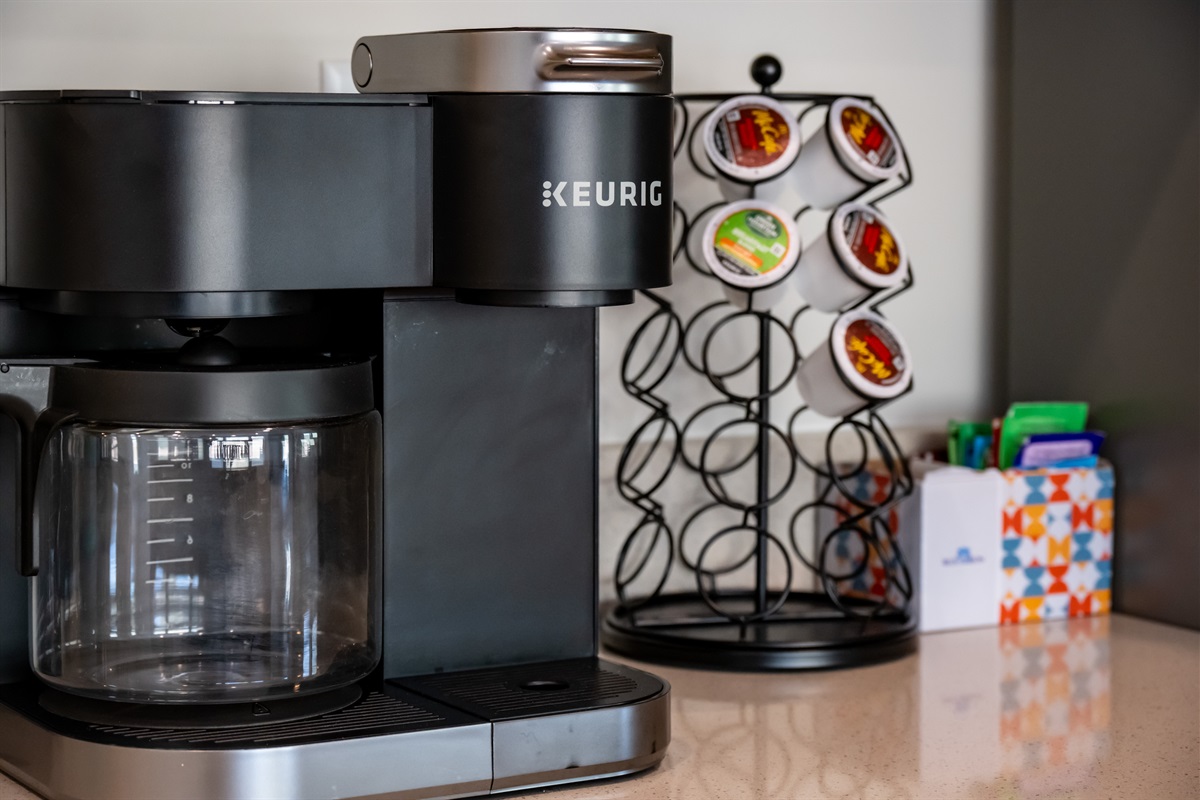 Whether you prefer pods or a fresh brew, the kitchen includes both a Keurig and drip coffeemaker to suit every coffee lover.