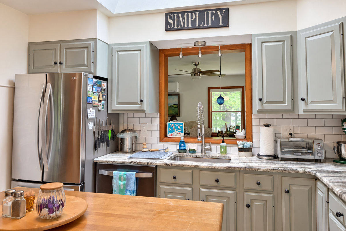 Kitchen sink and counter space.