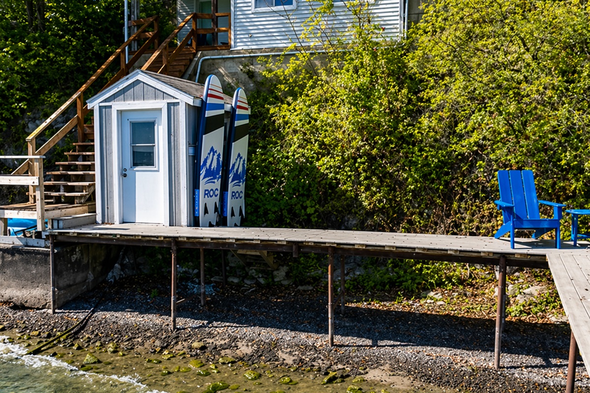 Charming lakeside cabin nestled against the hillside, offering rustic character and modern comfort.