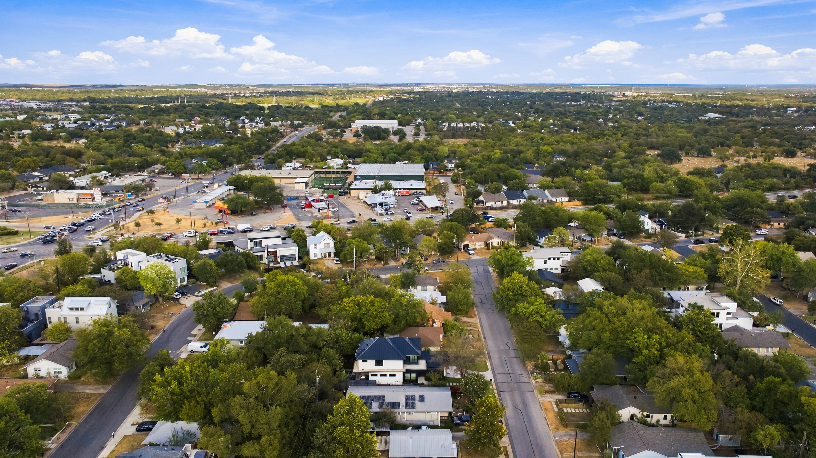 Aerial view of the quiet, walkable MLK-area neighborhood.