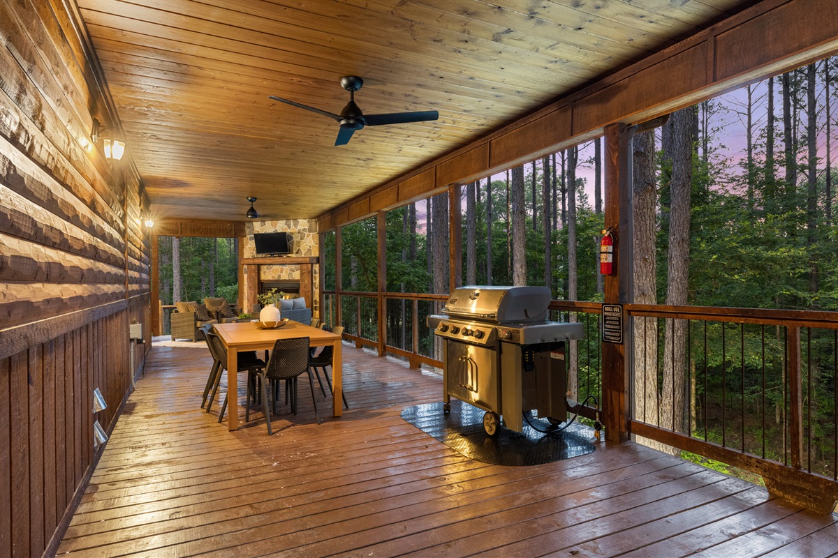 Out on the back deck relaxation and fun await! Hot tub,  grill, TV's along with sun, stars, fireside chats. and forest gazing.