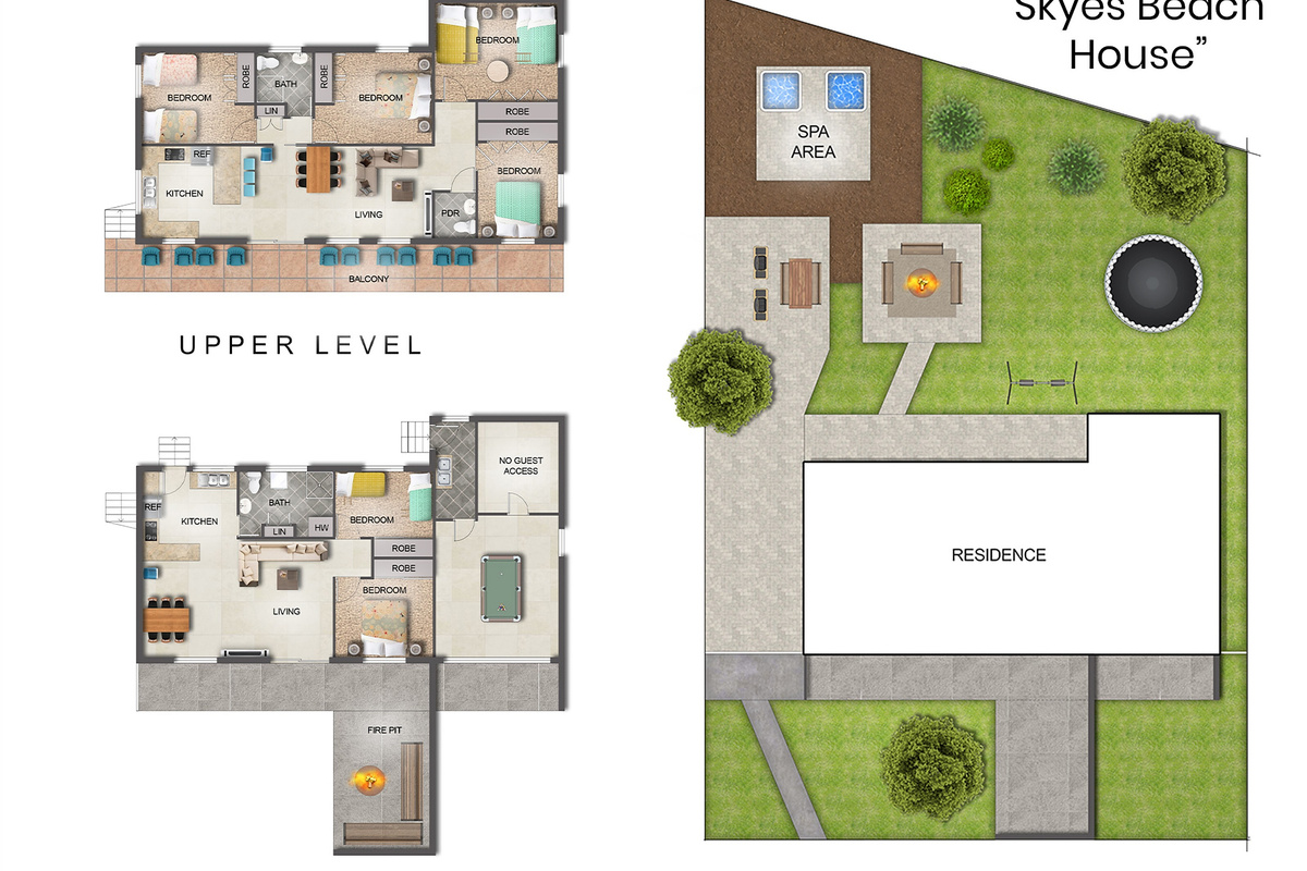 Set close to Malua Bay Beach, this layout shows how the home, decks and backyard areas fit together for the stay.