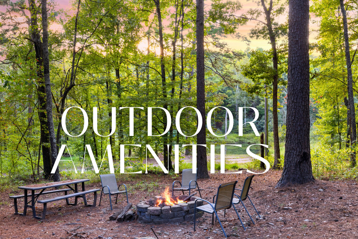 Multiple outdoor seating areas, fire pit, and picnic tables for the ultimate retreat.