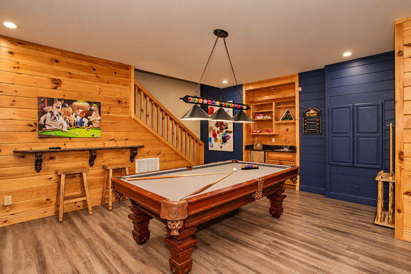 Billiards under the lights, with bar-ledge stools for spectators, Splashing at the Bluff