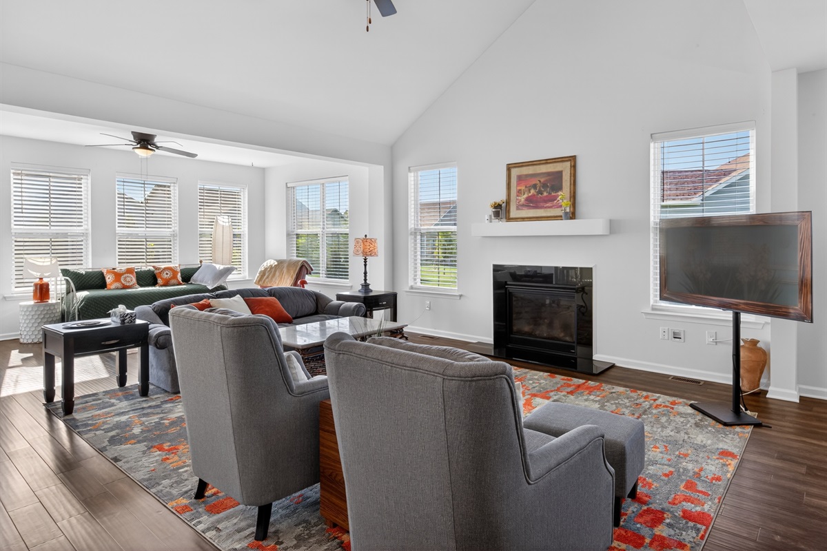 Gas fireplace and large television for relaxing evenings