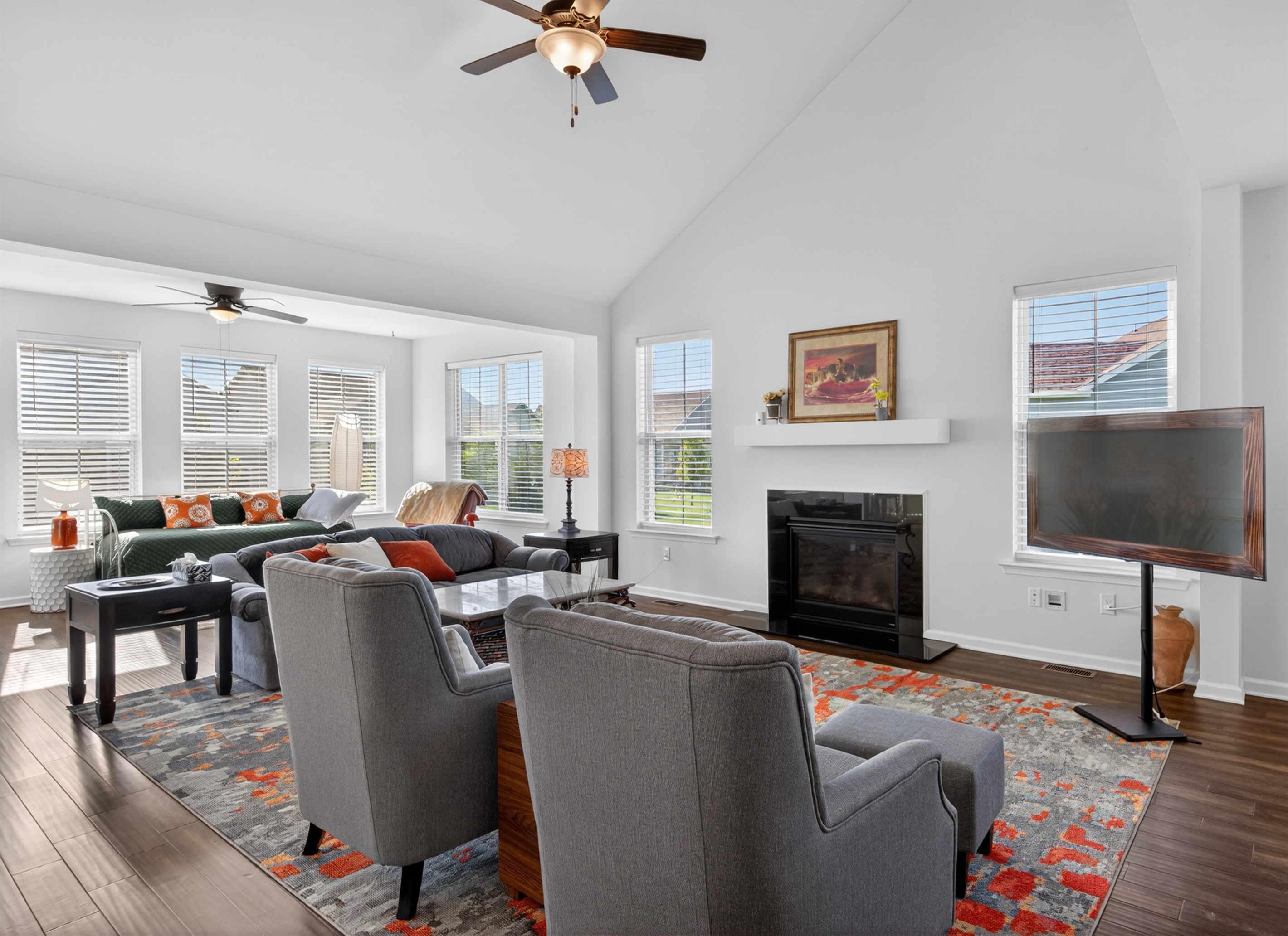 Gas fireplace and large television for relaxing evenings