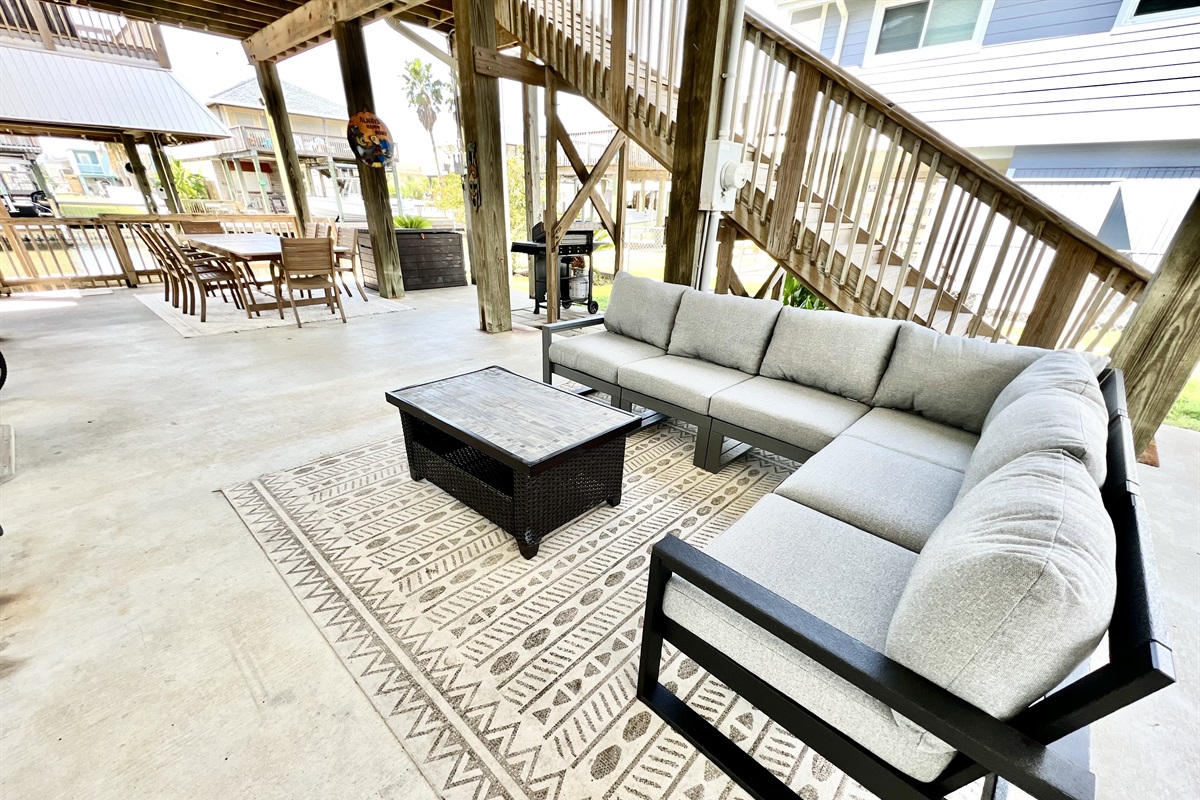 Downstairs space, completely gated. 