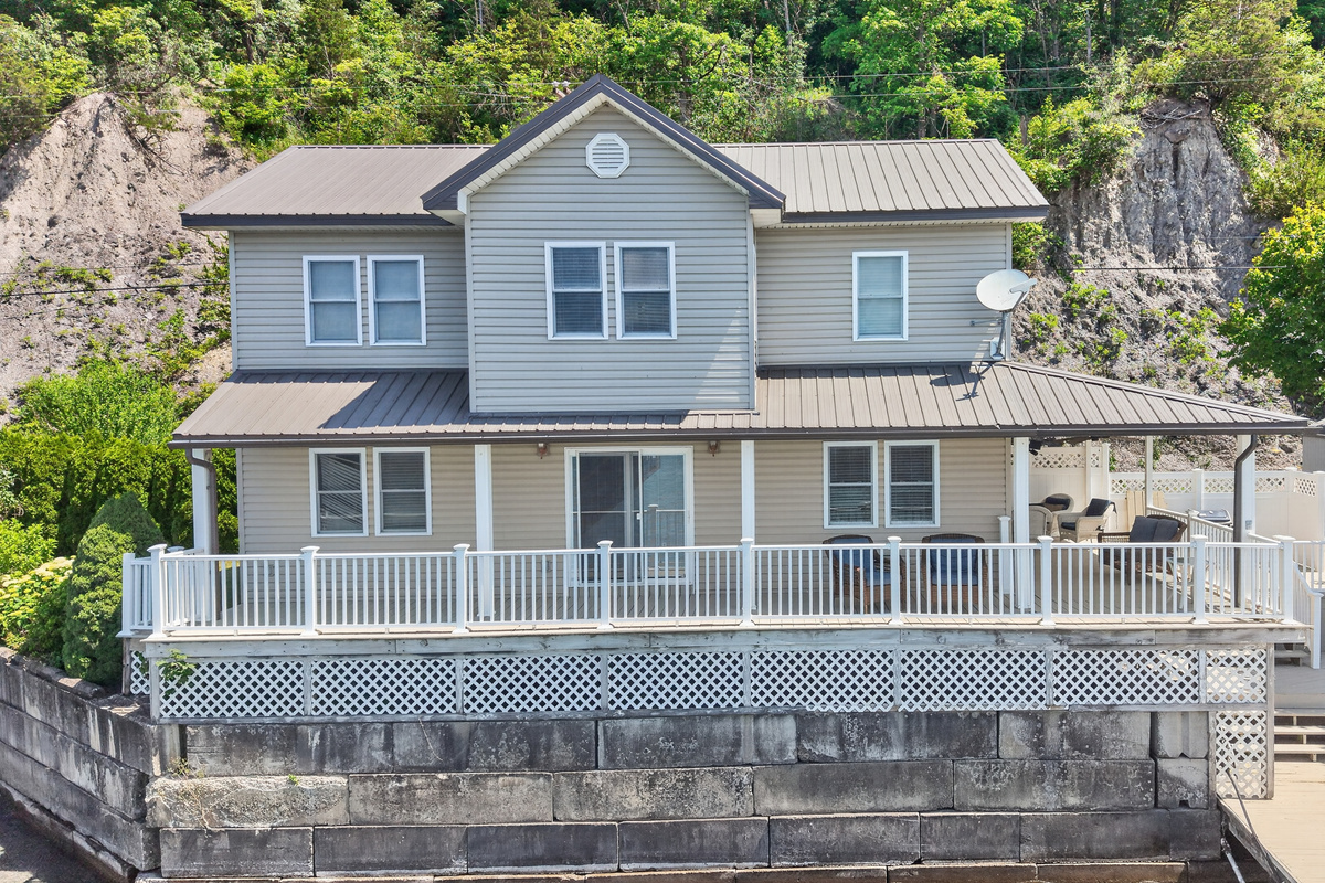 Front view of the multi-level waterfront home
