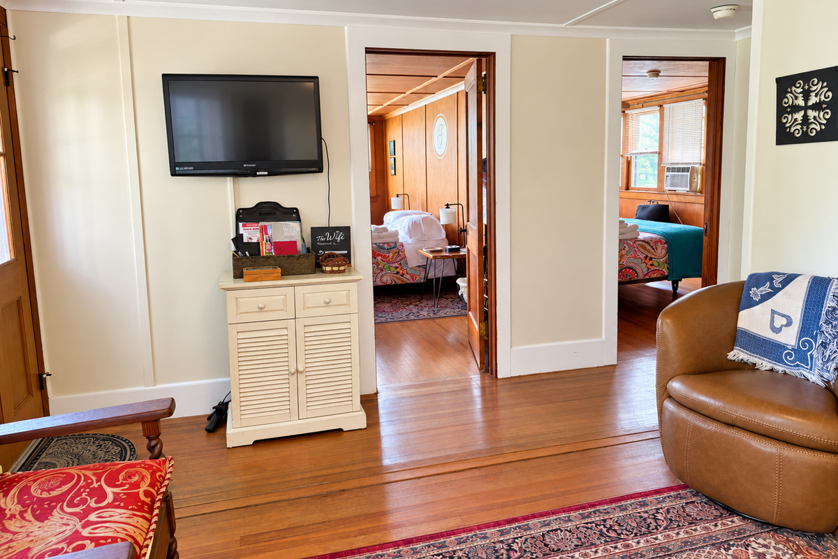 Goodyear Boathouse living room looking into the 2 bedrooms.