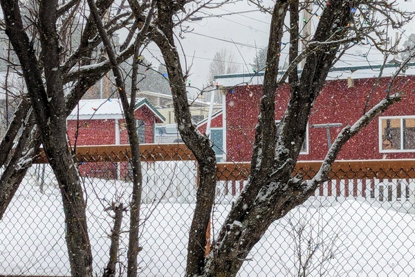 Lot, then house across from front door. Snow day!