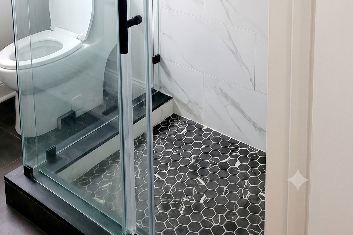 Spacious stand up shower, eco-flush toilet and state of the art vanity mirror in a spa-like bathroom
