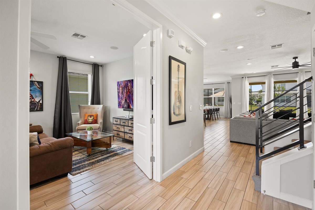 Upon arrival, you will find the game room at your left.