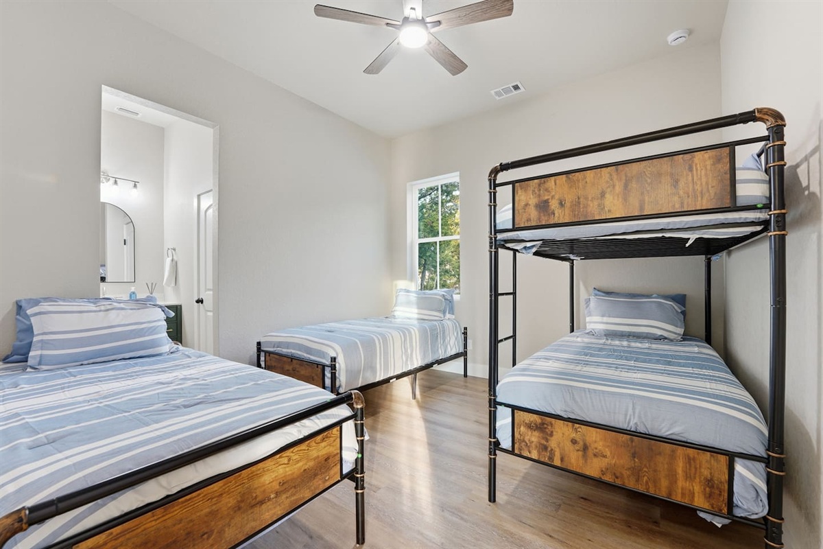 Twin XL bunk room designed for younger guests or group stays.