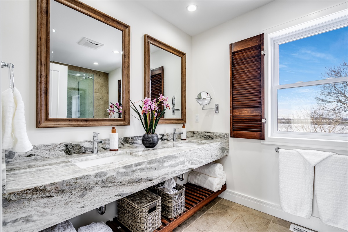 Clean Full Bathroom, minimalist palette with organic warmth.