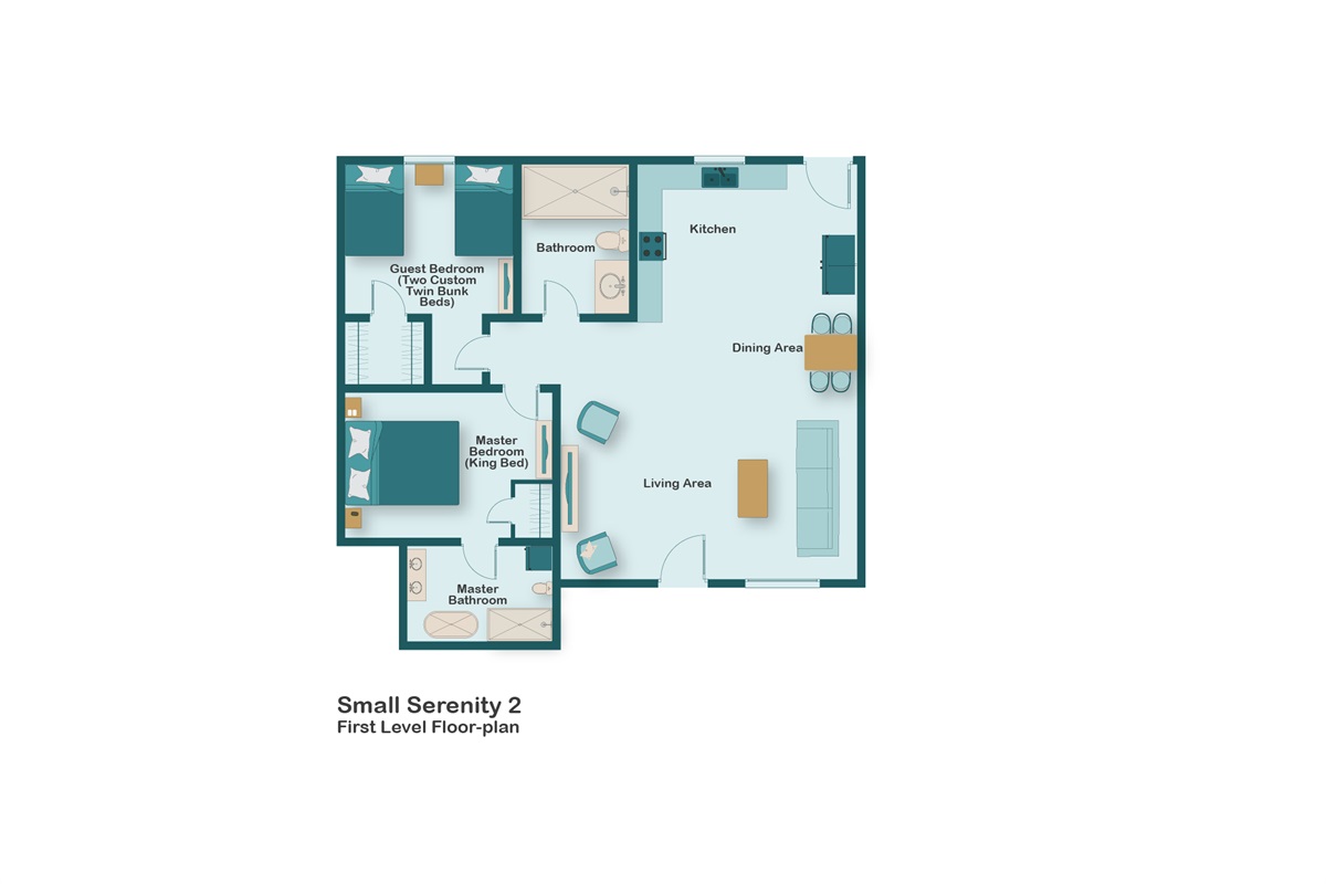 Small Serenity floorplan. Small Serenity 2 is Newly Remodeled and Professionally Designed in 2025 - New kitchen, bathrooms, flooring, furniture and appealing decor