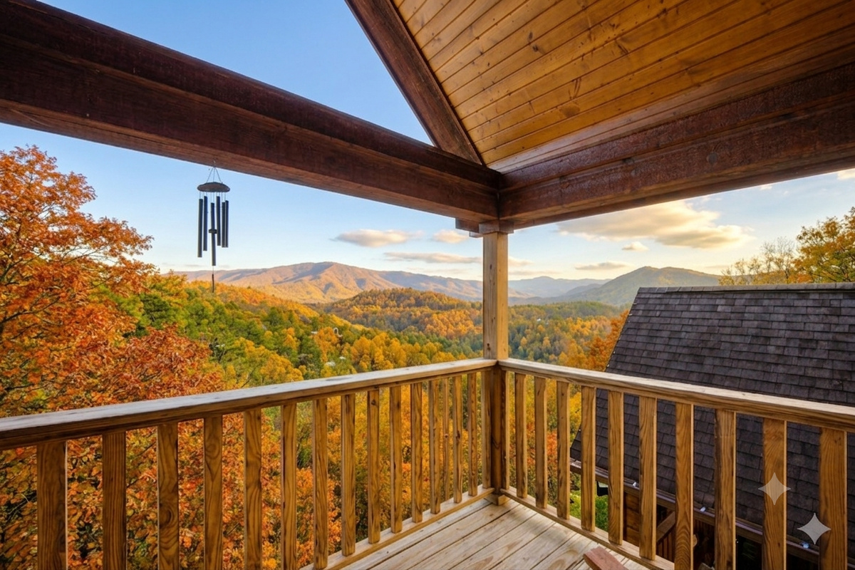 Step out onto the balcony and let the mountain air refresh your spirit. The gentle sound of the wind chime and panoramic Smoky Mountain views make this the perfect spot to unwind at sunset.