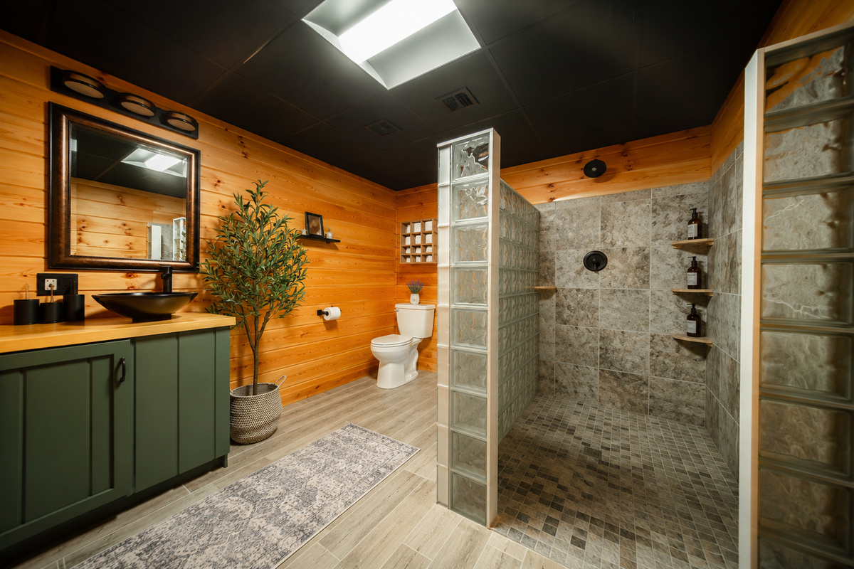 Full bathroom featuring warm, rustic charm paired with comfortable finishes.