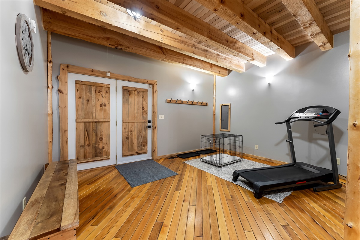 Door from garage, with dog crate and treadmill.
