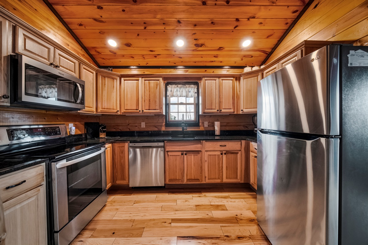 Full kitchen with stainless appliances, granite counters and most things you will need to cook during your stay. If you are not sure and need to know if we have something, please ask me.