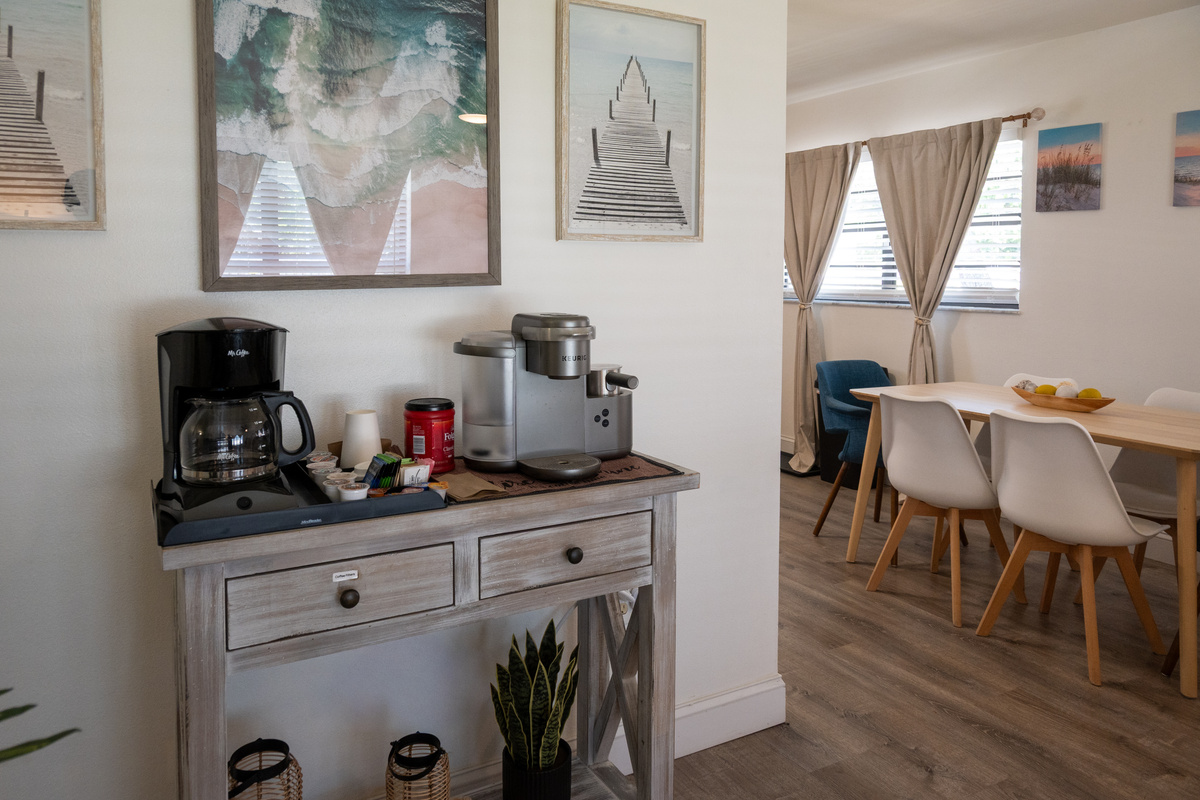 Coffee station with drip maker and Keurig, next to the dining table