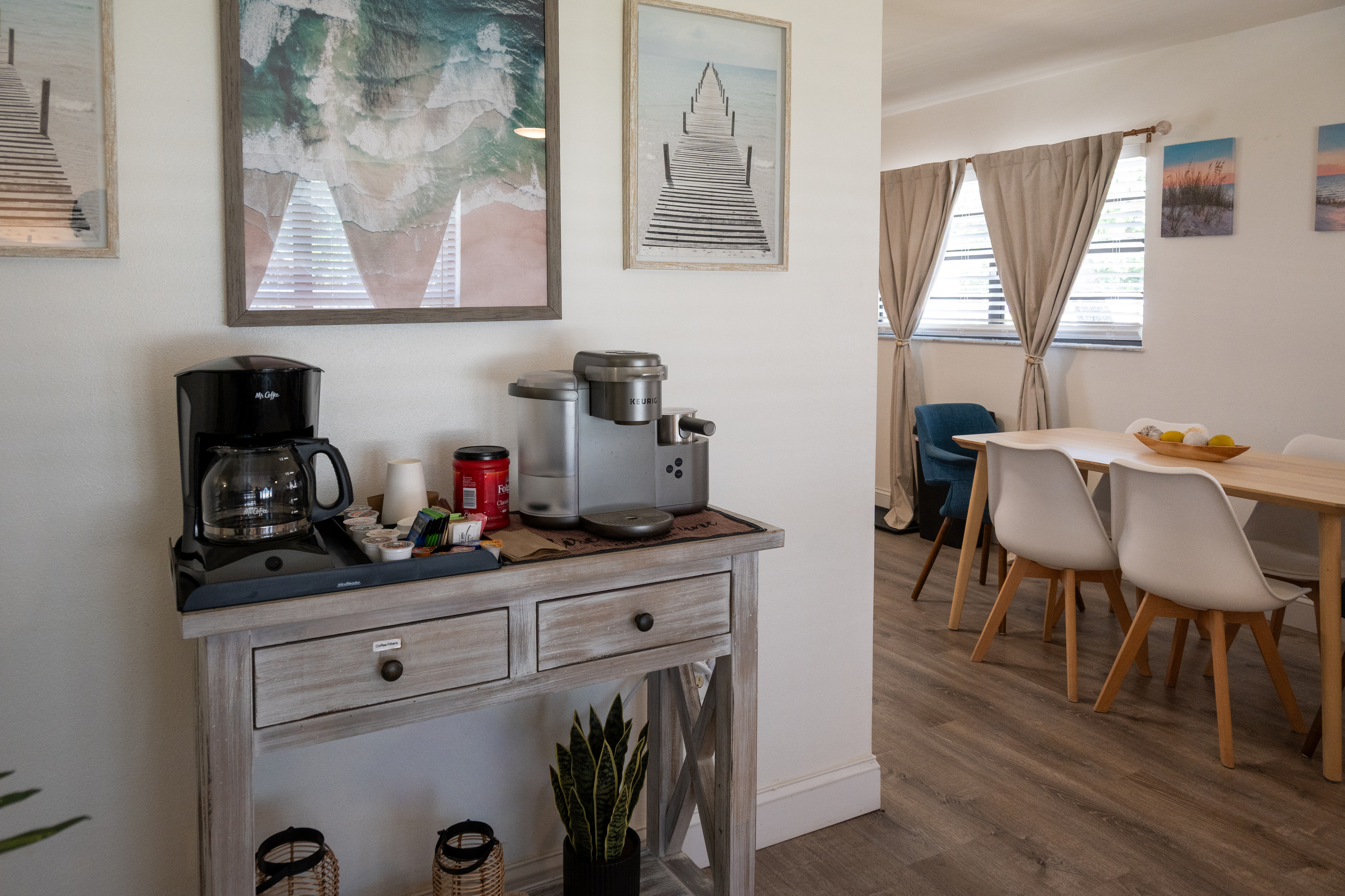 Coffee station with drip maker and Keurig, next to the dining table