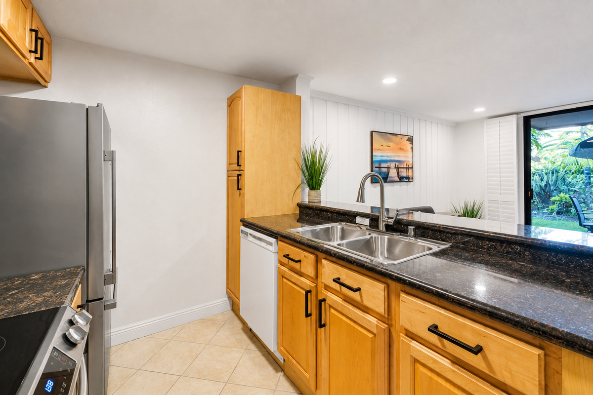 Kitchen with a garden view