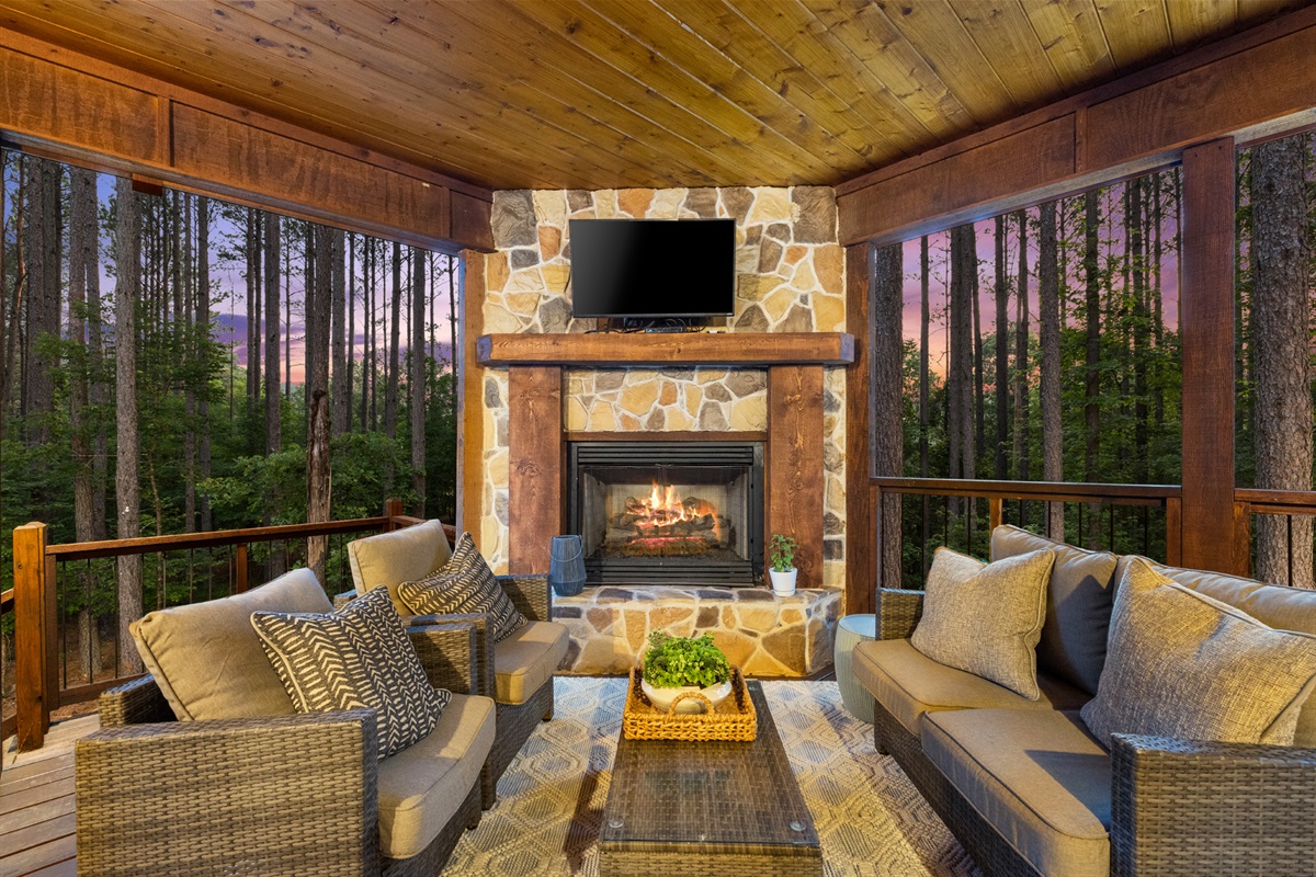 Escape to Madison Arbor's deck, enjoy the view, coffee, drinks, and the cozy fireplace with friends.create cherished moments together.