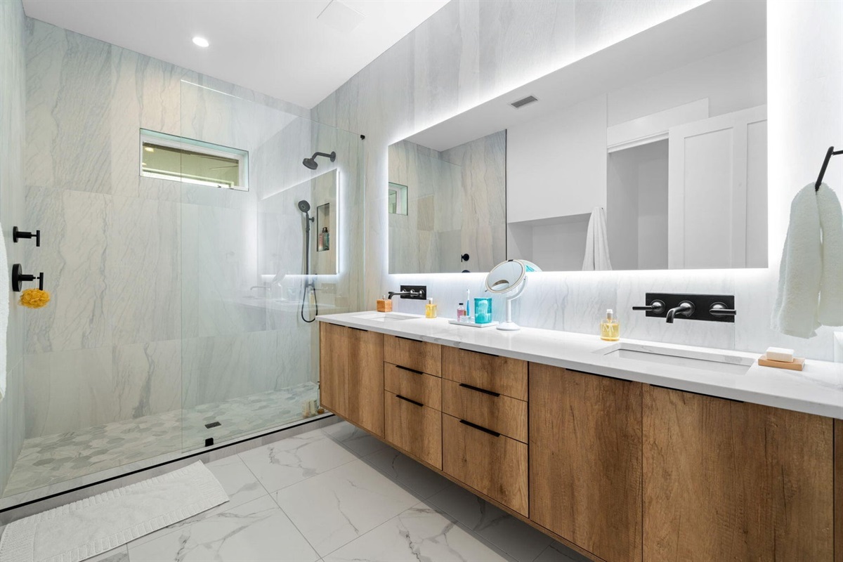 Large double vanity and walk in shower.