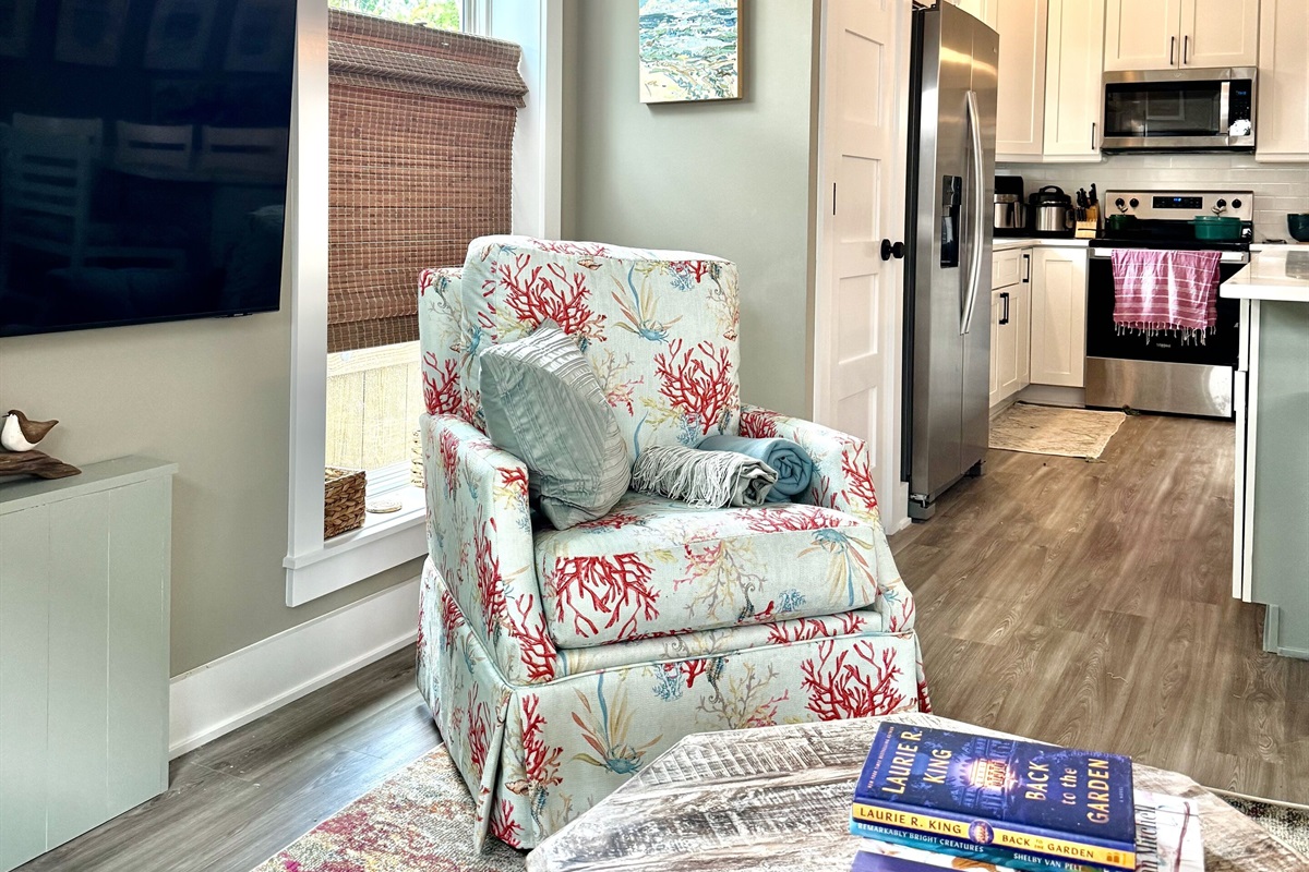 View of full kitchen from couch