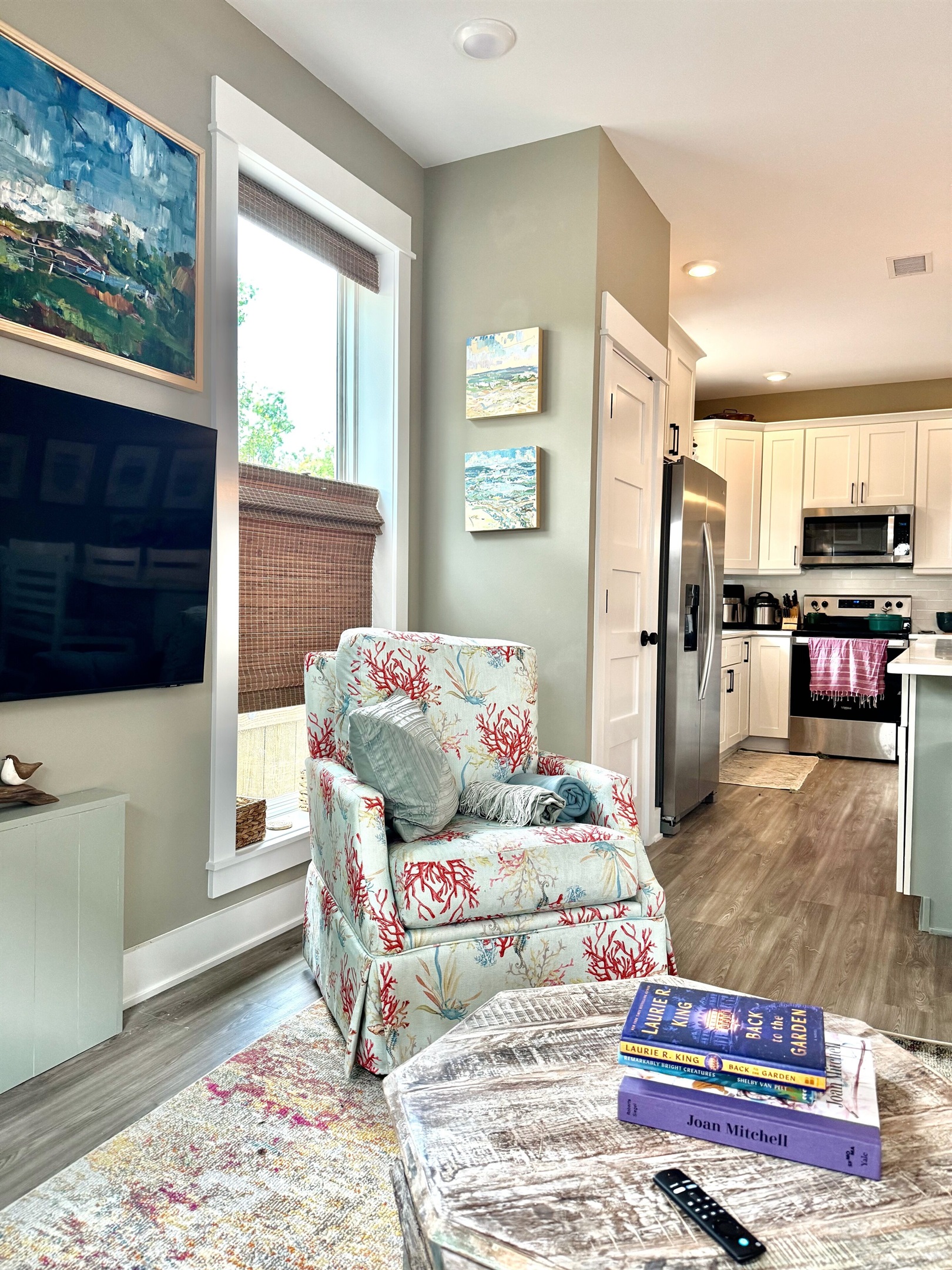 View of full kitchen from couch