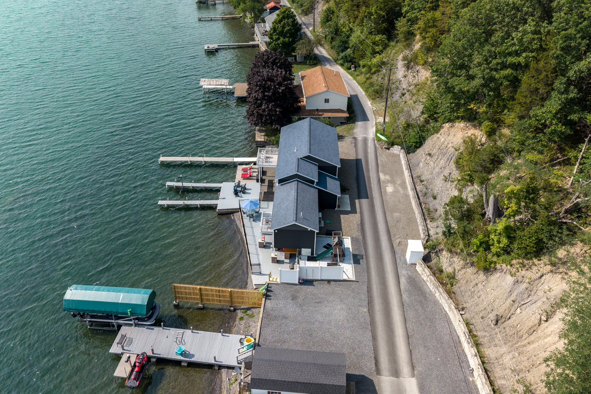Overhead view of the home and dock