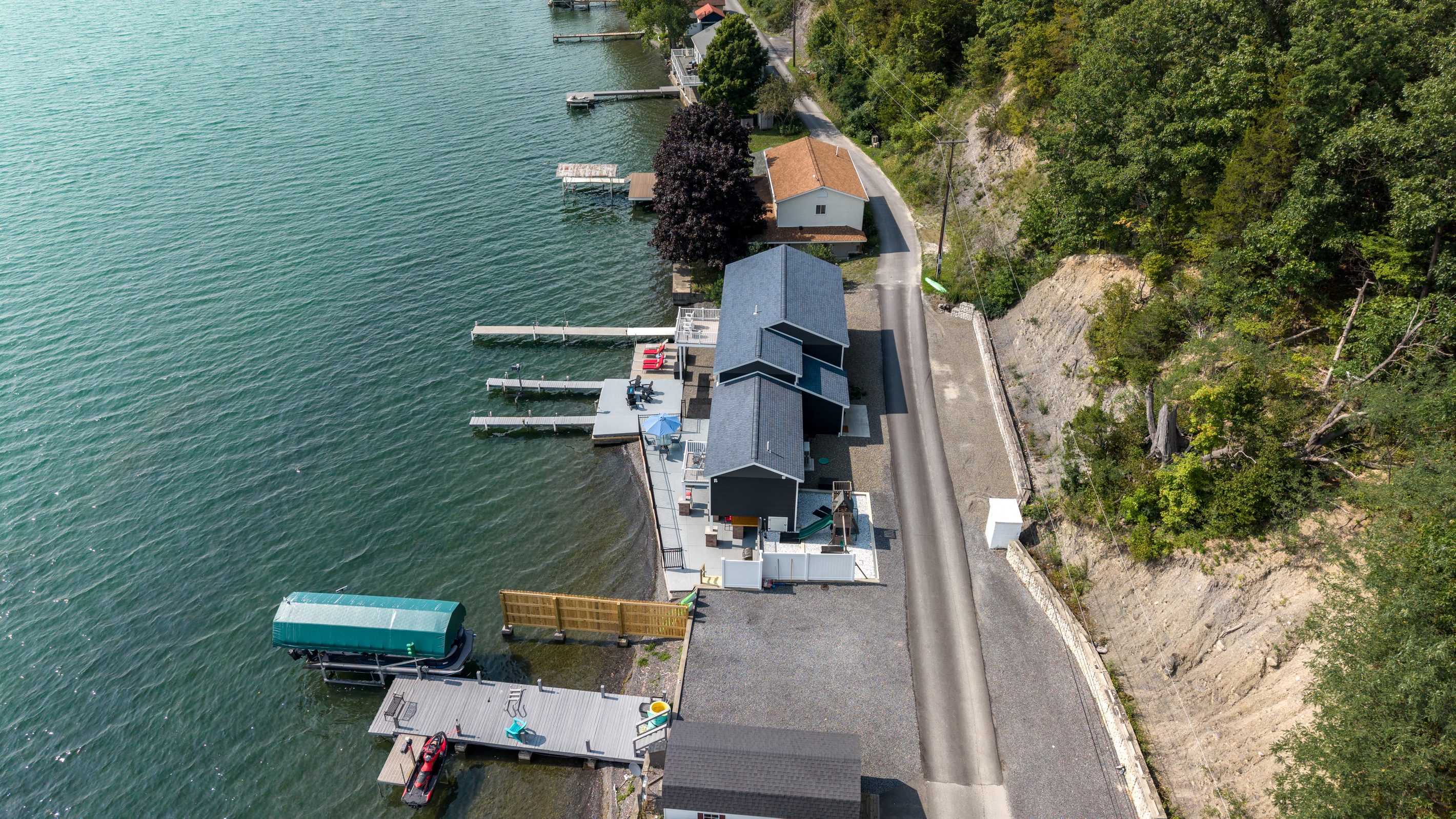 Overhead view of the home and dock