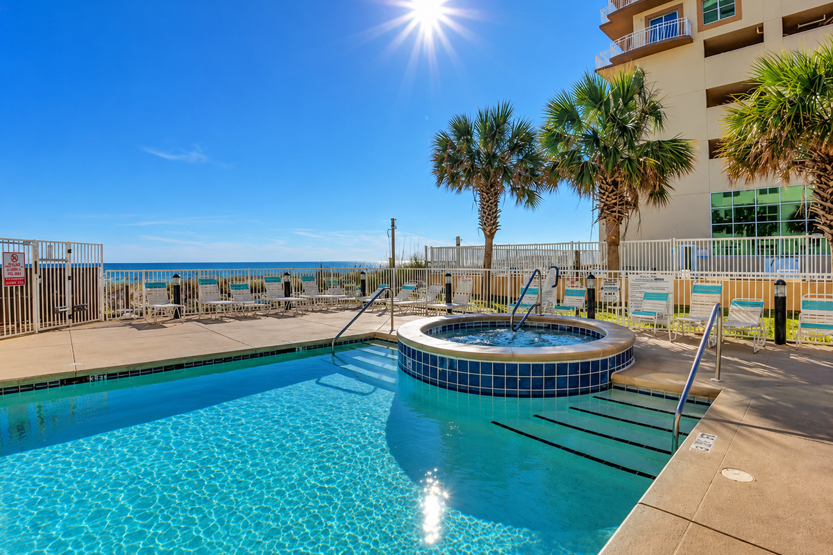 Our outdoor pool has great views of the beach and Gulf...