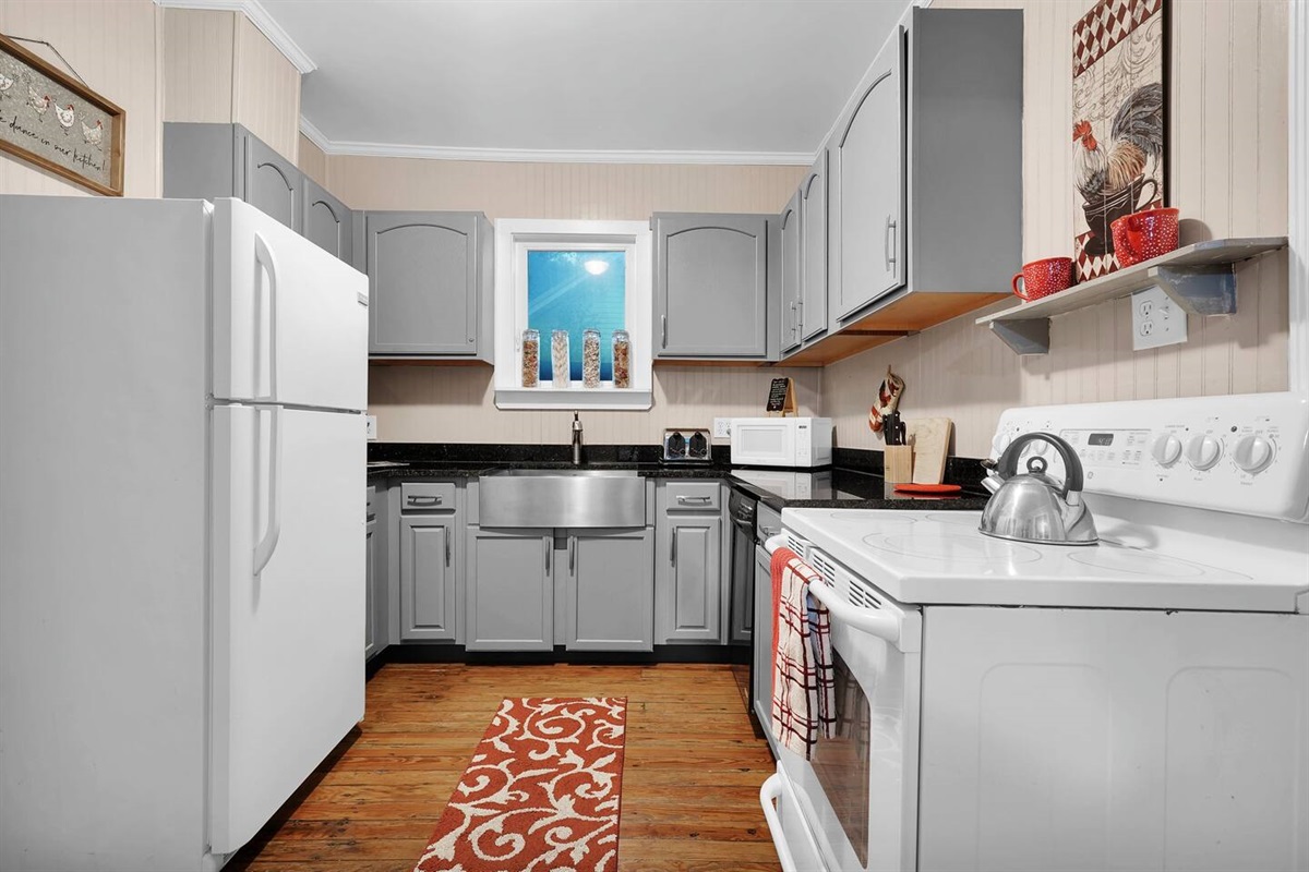 Full size appliances and cupboard space that comes fully stocked to cook at home. And a dishwasher to help you clean up!