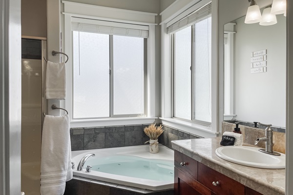 Want a cold plunge or a nice hot bath after a day of adventure! Hop right into your self-care in the Tranquil Pastures Master Bath!