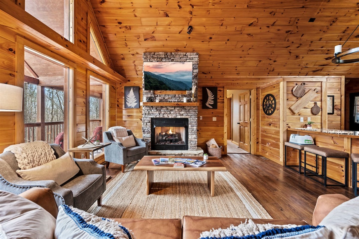 Cozy living room with seasonal gas fireplace