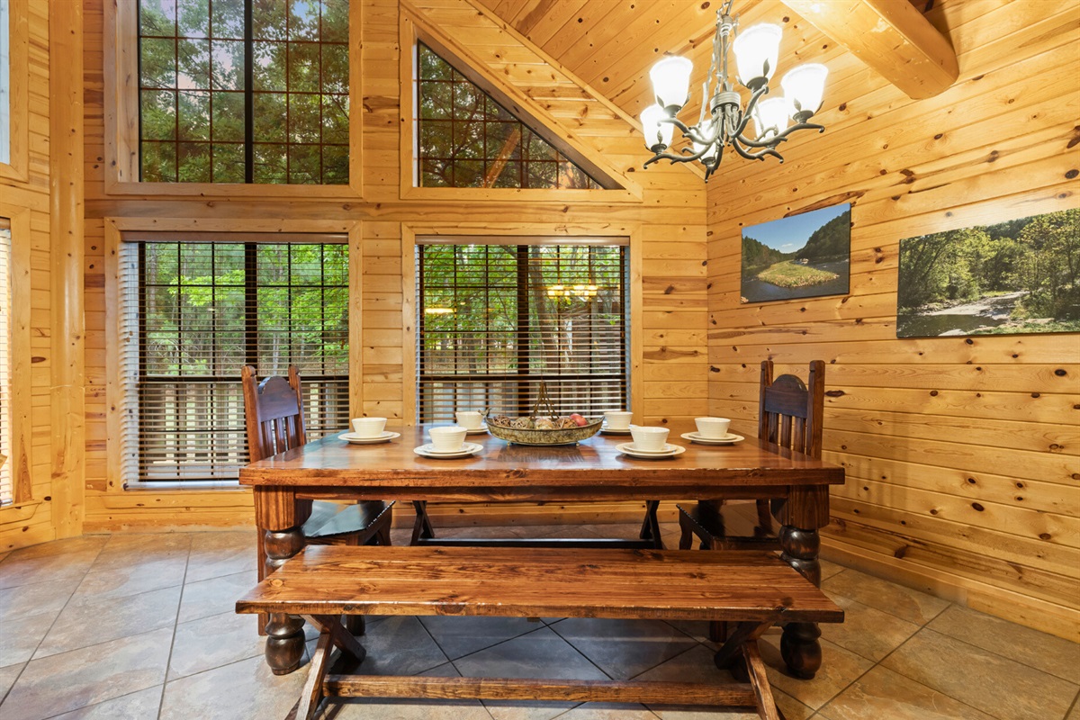 Dine in style with rustic wood accents, bright windows, and plenty of seating for your group meals.