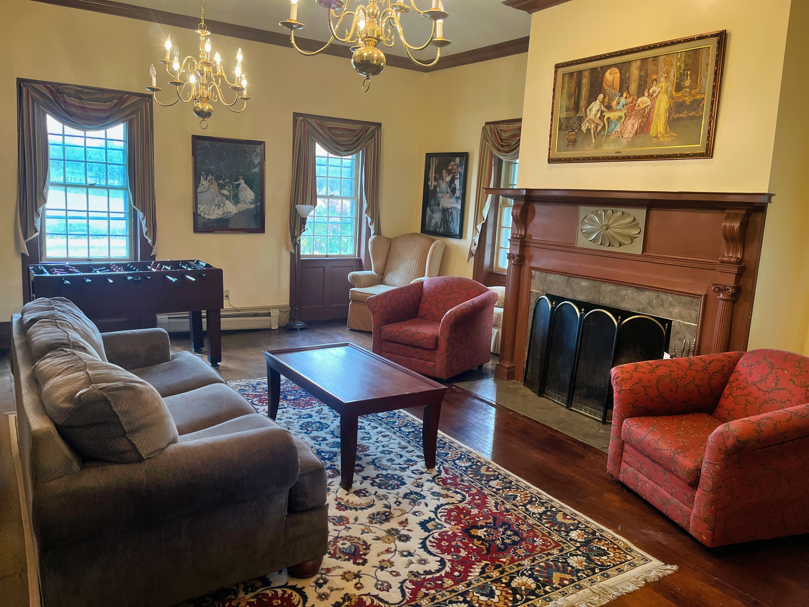 The main living room on the 1st floor with foosball and lots of games and books to keep you entertained.