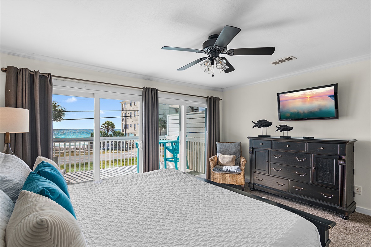 Spacious Master Bedroom with King Bed, Gulf Views, Huge Private Patio, Smart TV, and Private Remodeled Bathroom with Walk in Shower