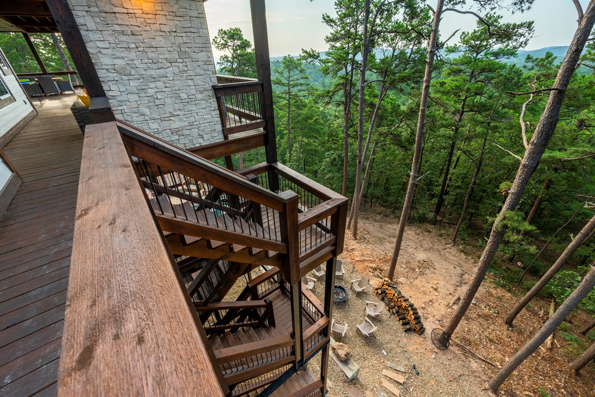Elevated deck and stairway surrounded by beautiful forest scenery