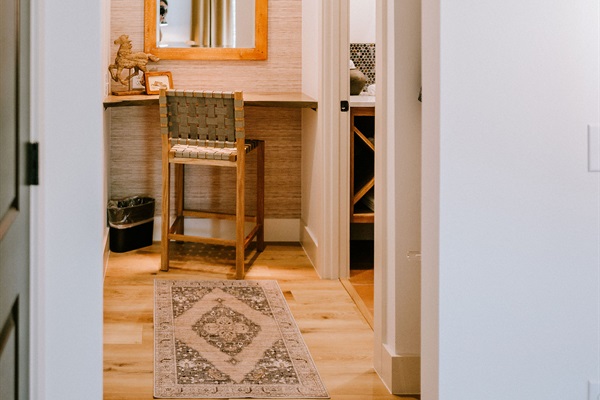 In-bedroom make-up area in Cutter's Quarters Bedroom #1 &mdash; special space to get ready at Gaines Ranch on the Square.