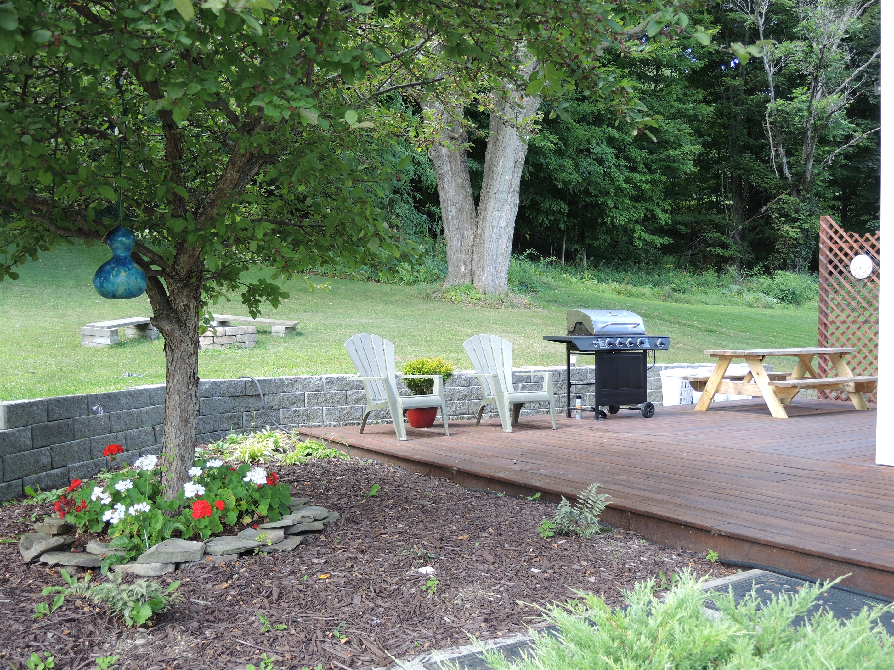 Diamond Dreams back deck with seating and gas grill.