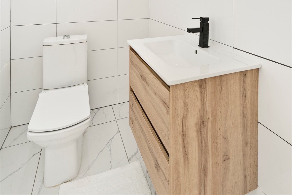 Modern Powder Room with Wood Vanity & Contemporary Square Basin
