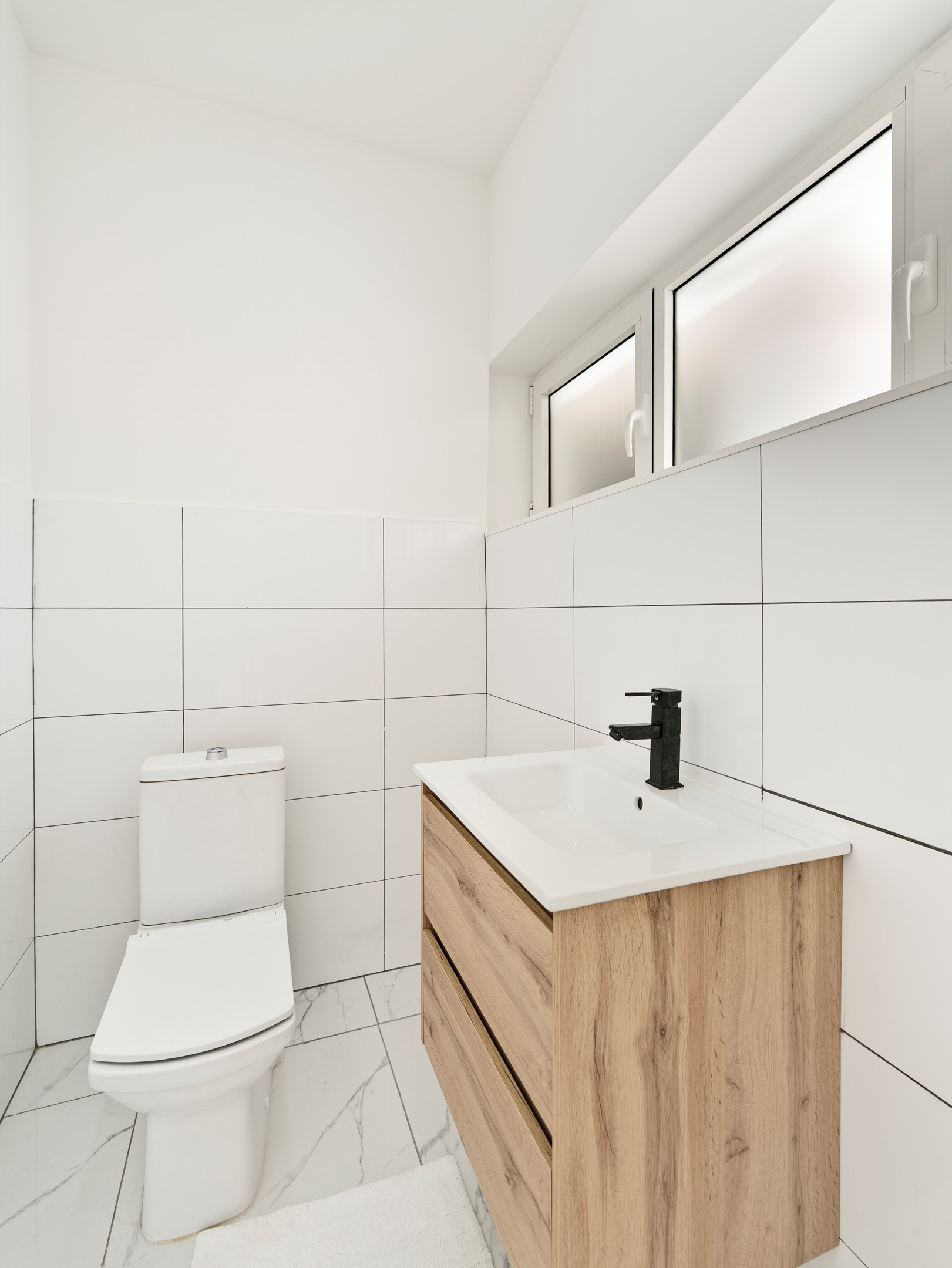 Modern Powder Room with Wood Vanity & Contemporary Square Basin